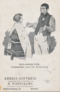 711584 Reclameprentbriefkaart, met een afbeelding van het 'Hollandsche type. Dorpsbarbier (naar Joh. Braakensiek)' als ...